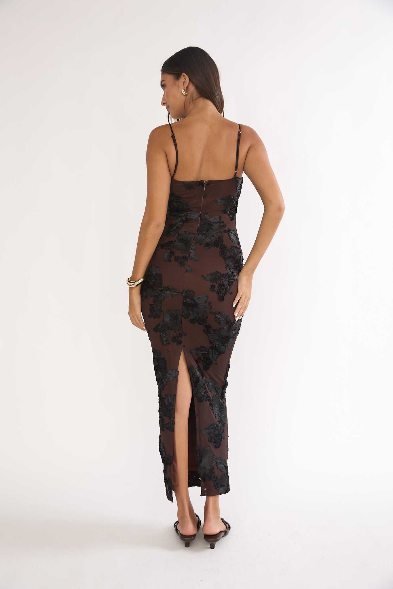 Brown Floral Slit Maxi Dress