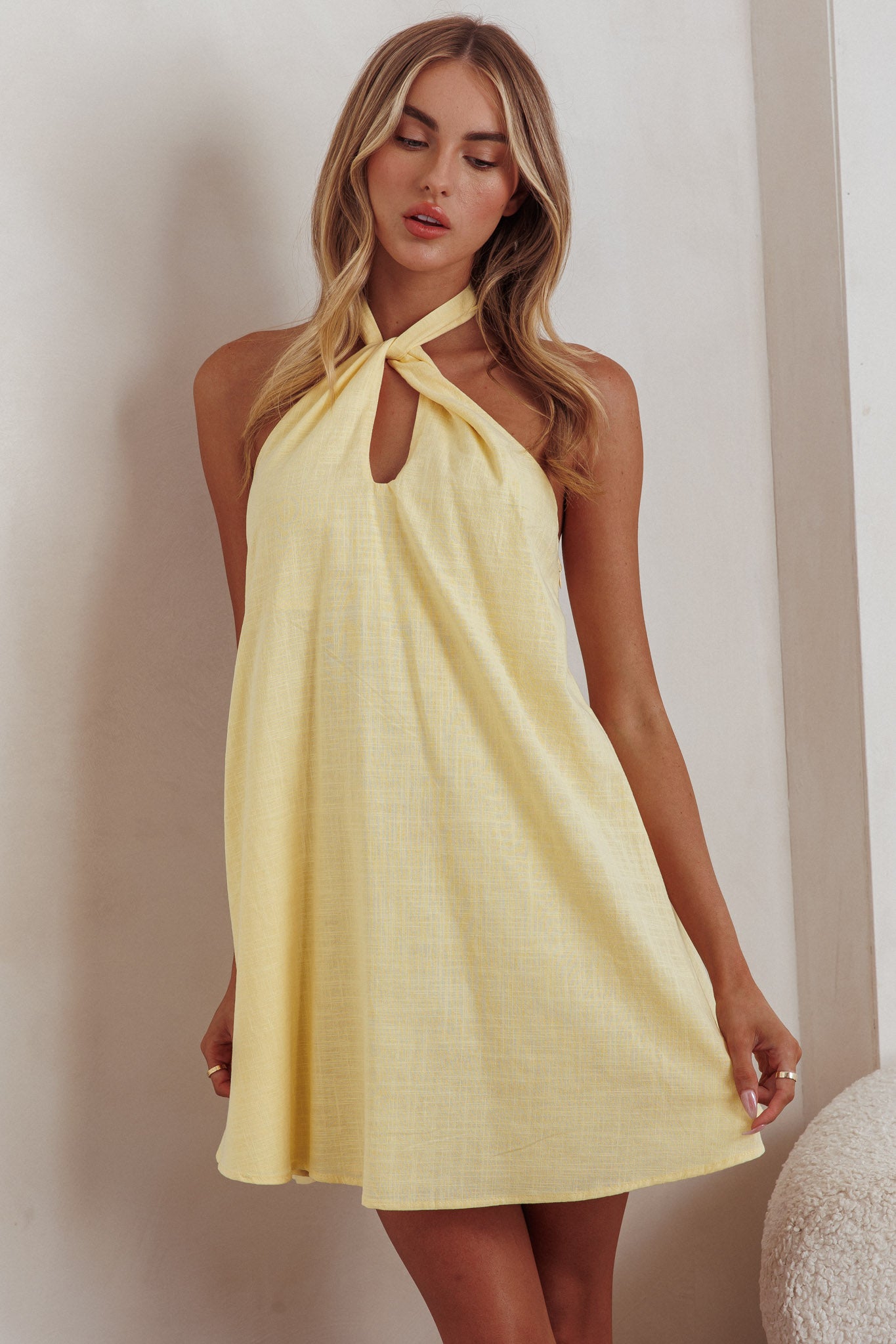 Breezy Halter-Neck Mini Dress Lemon
