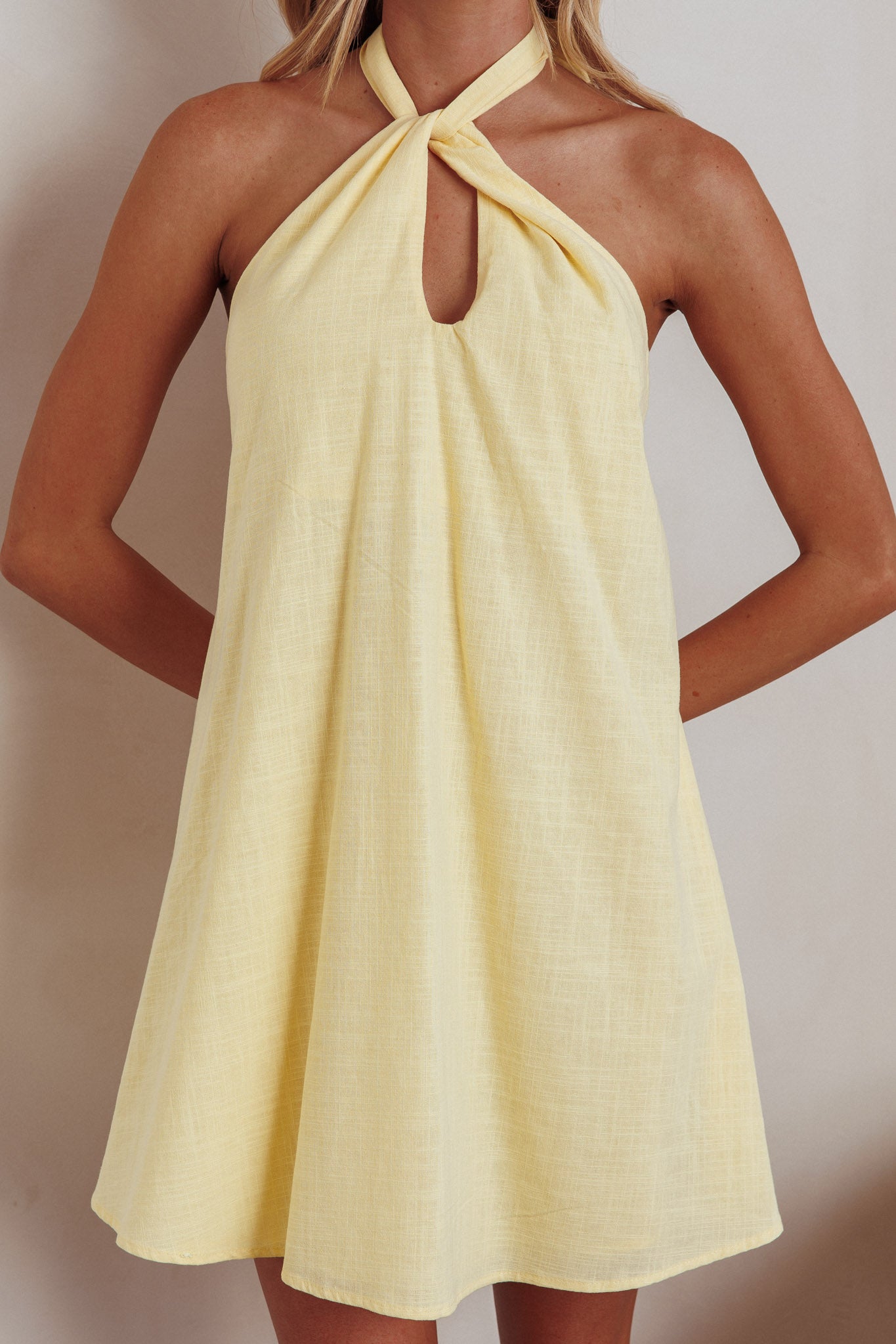 Breezy Halter-Neck Mini Dress Lemon
