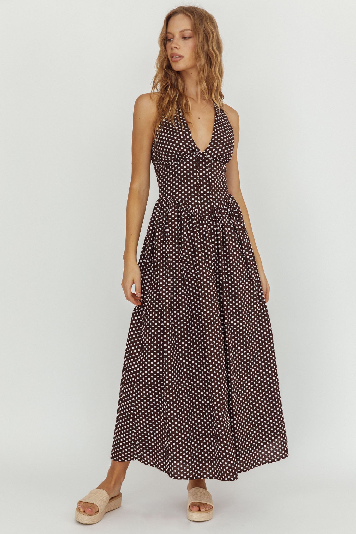 Brown Polka Dot Halter Maxi Dress