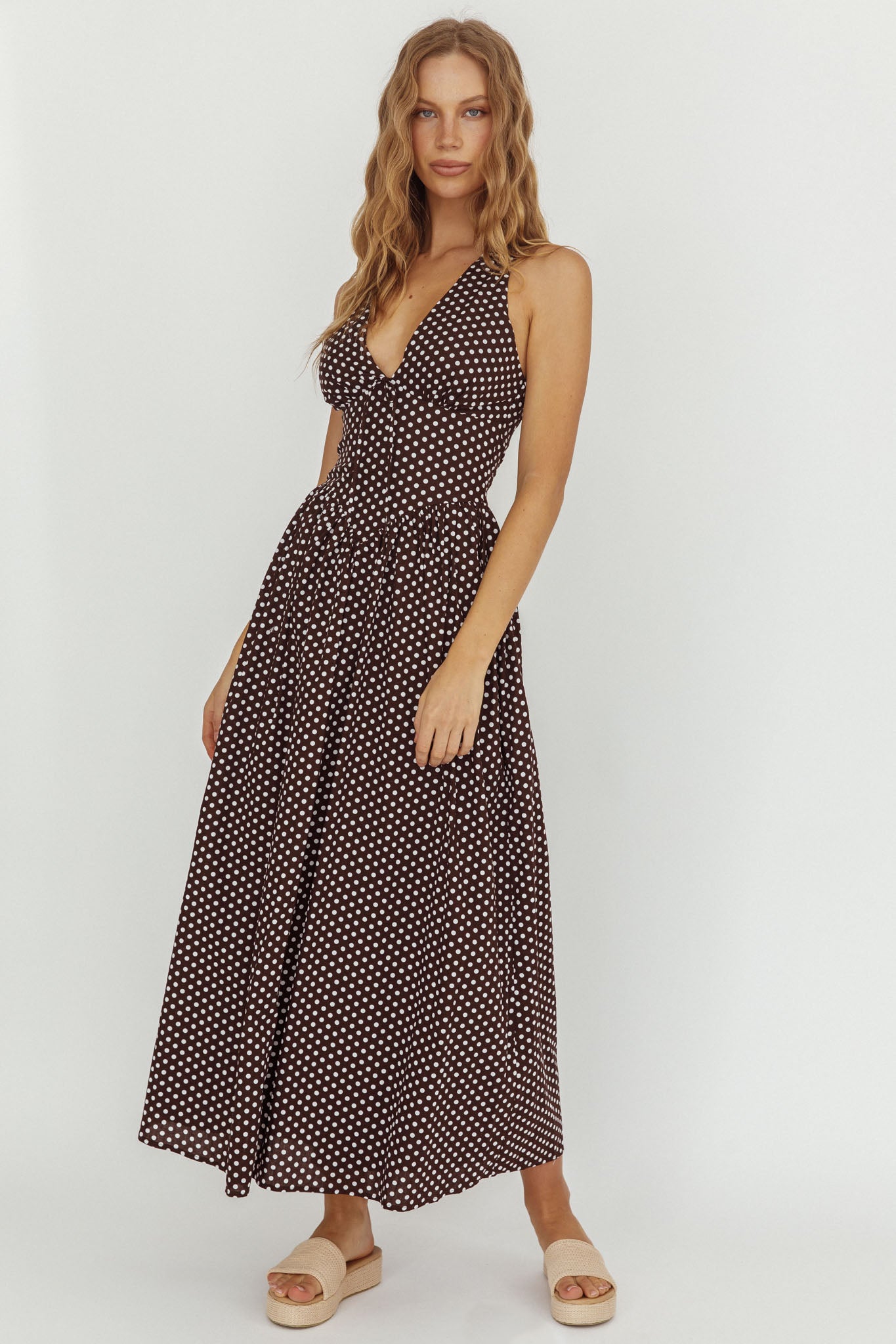 Brown Polka Dot Halter Maxi Dress