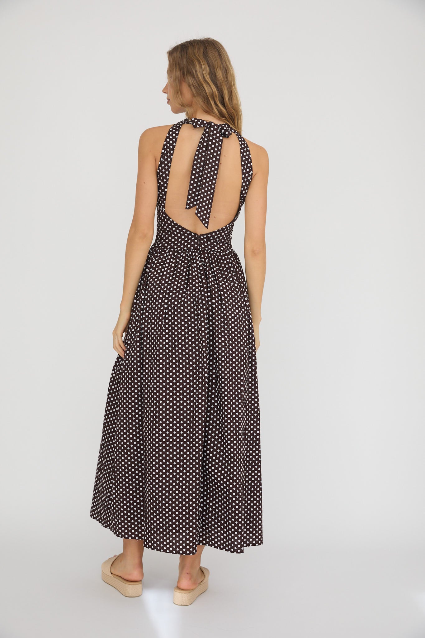 Brown Polka Dot Halter Maxi Dress