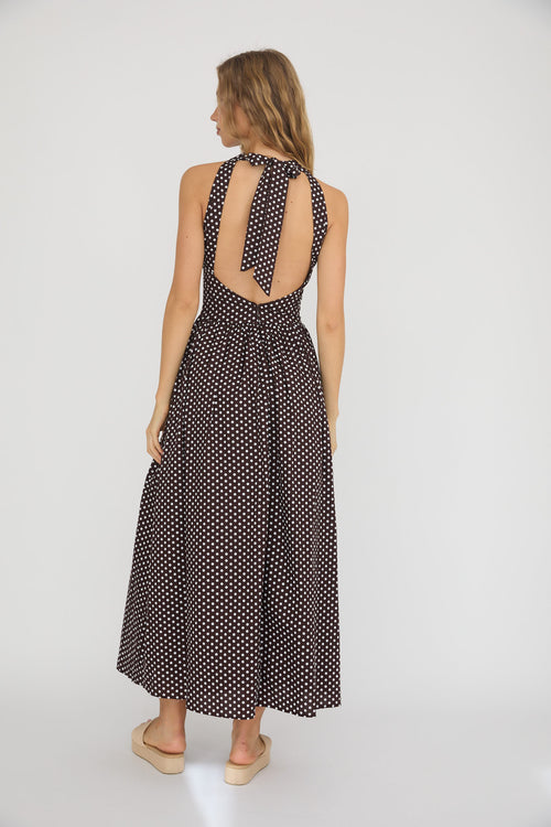 Brown Polka Dot Halter Maxi Dress