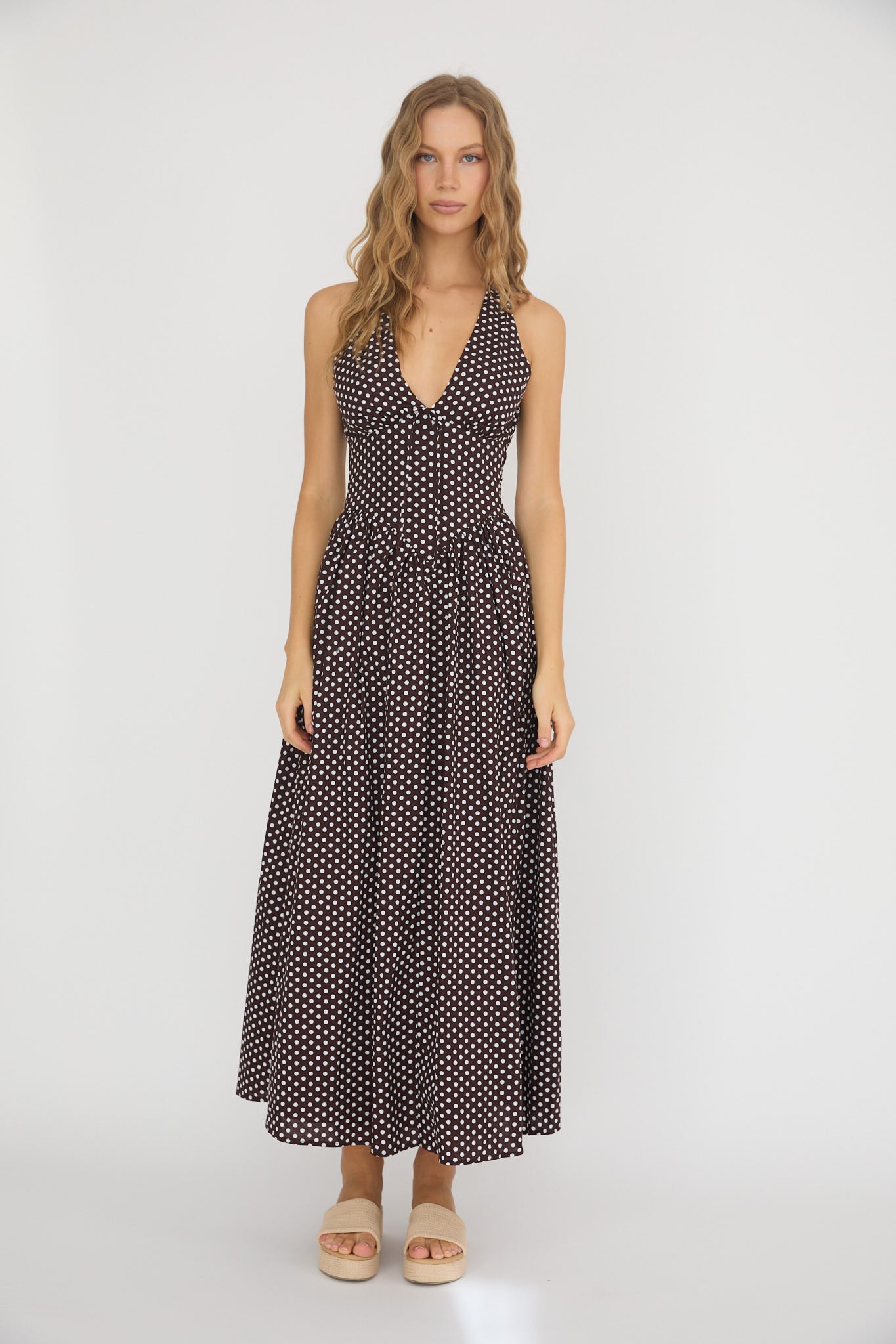 Brown Polka Dot Halter Maxi Dress